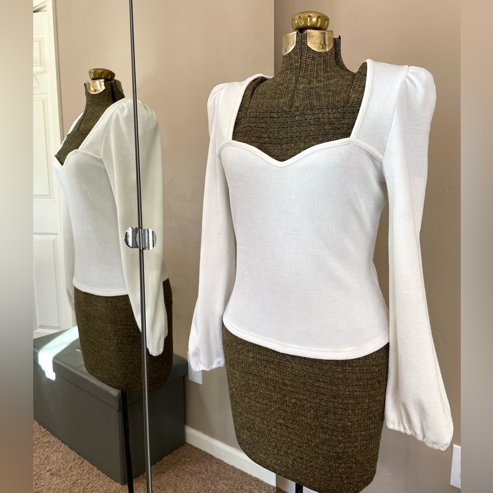 Lucy Paris White Ribbed Knit Sweetheart Puff Sleeve Sweater Top Fitted Size L - Picture 2 of 14